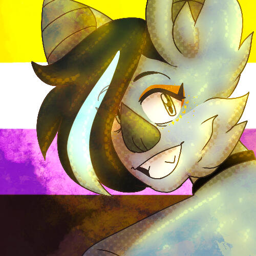 A pale blue furry bat with dark blue hair, and a bright blue dyed streak in their hair on a nonbinary flag background.