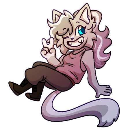 A pale purple furry cat winks and makes a peace sign with her right hand